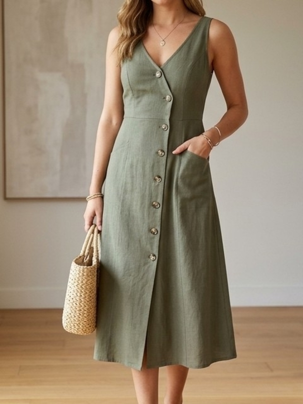Sleeveless Olive Midi Dress with Button Front
